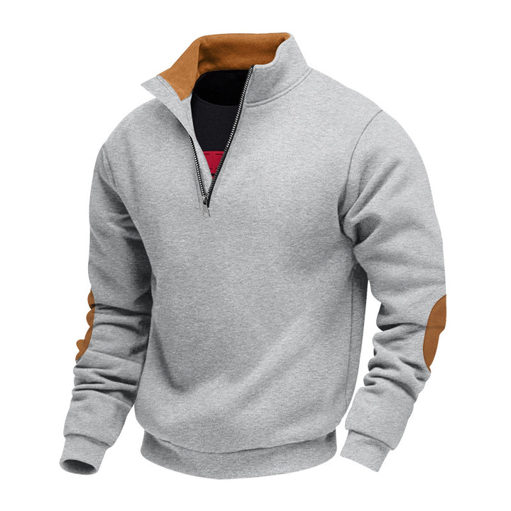 Herren nan Sweatshirt med halv-lynlås, ståkrave og ruskindsalbuebesætning Skovae