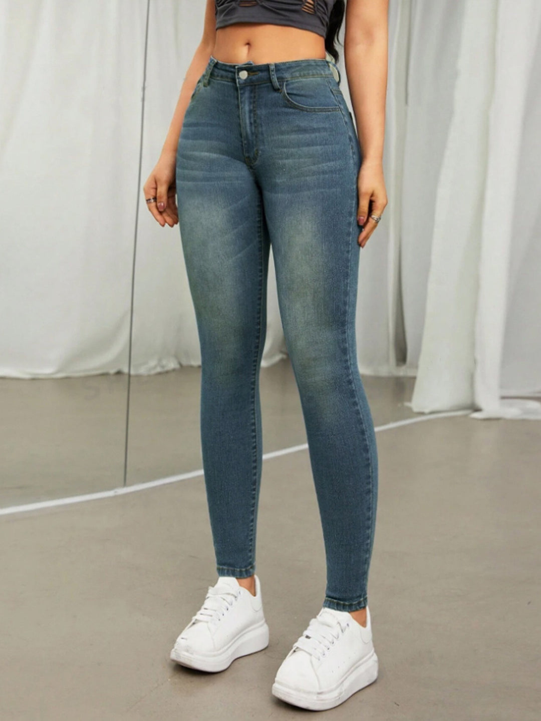 Dame Slim Fit Jeans i vintage-look med høj talje og elastisk materiale Stilla