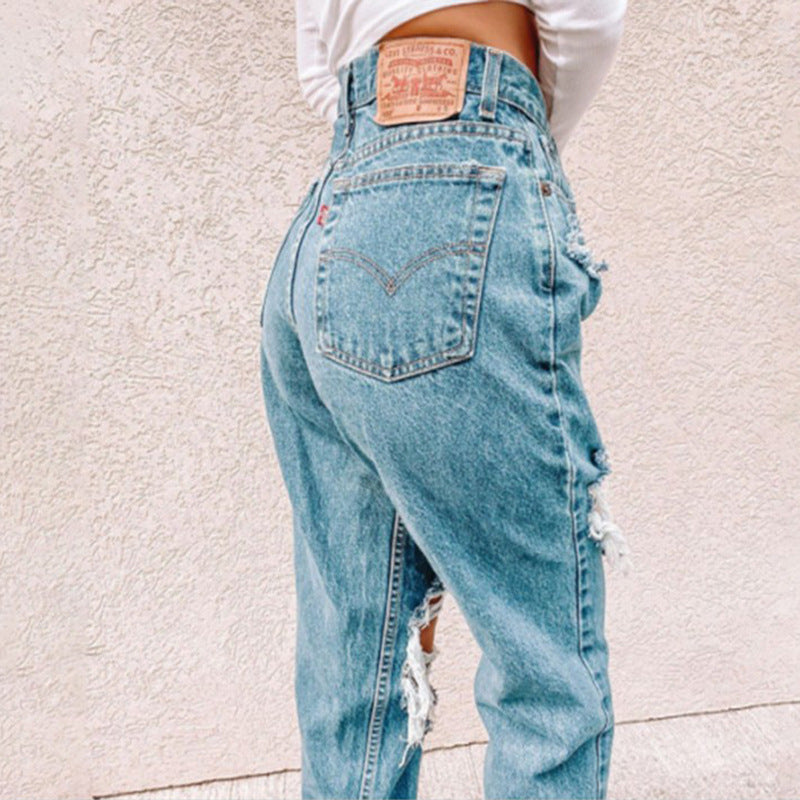 Dame Vintage Høj Talje Destroyed Jeans med frynset Detaljer Skovae