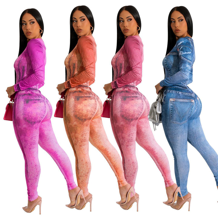 Damer Denim Tryk Langærmet Bodystocking Stilla