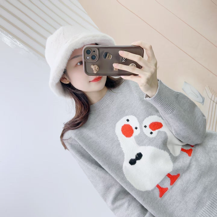 Dame Rund hals sweater med kreativ dyremaskesting Stilla