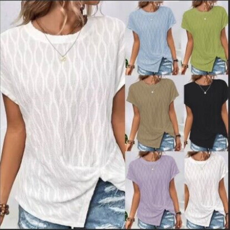 Dame Casual Kortærmet T-shirt med bølget strikdesign og knudeaccent Stilla