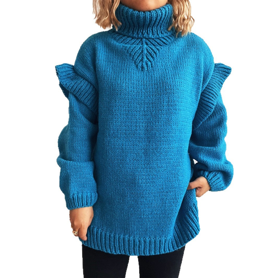 Kvinders strikket sweater med volangdetaljer og høj krave Stilla