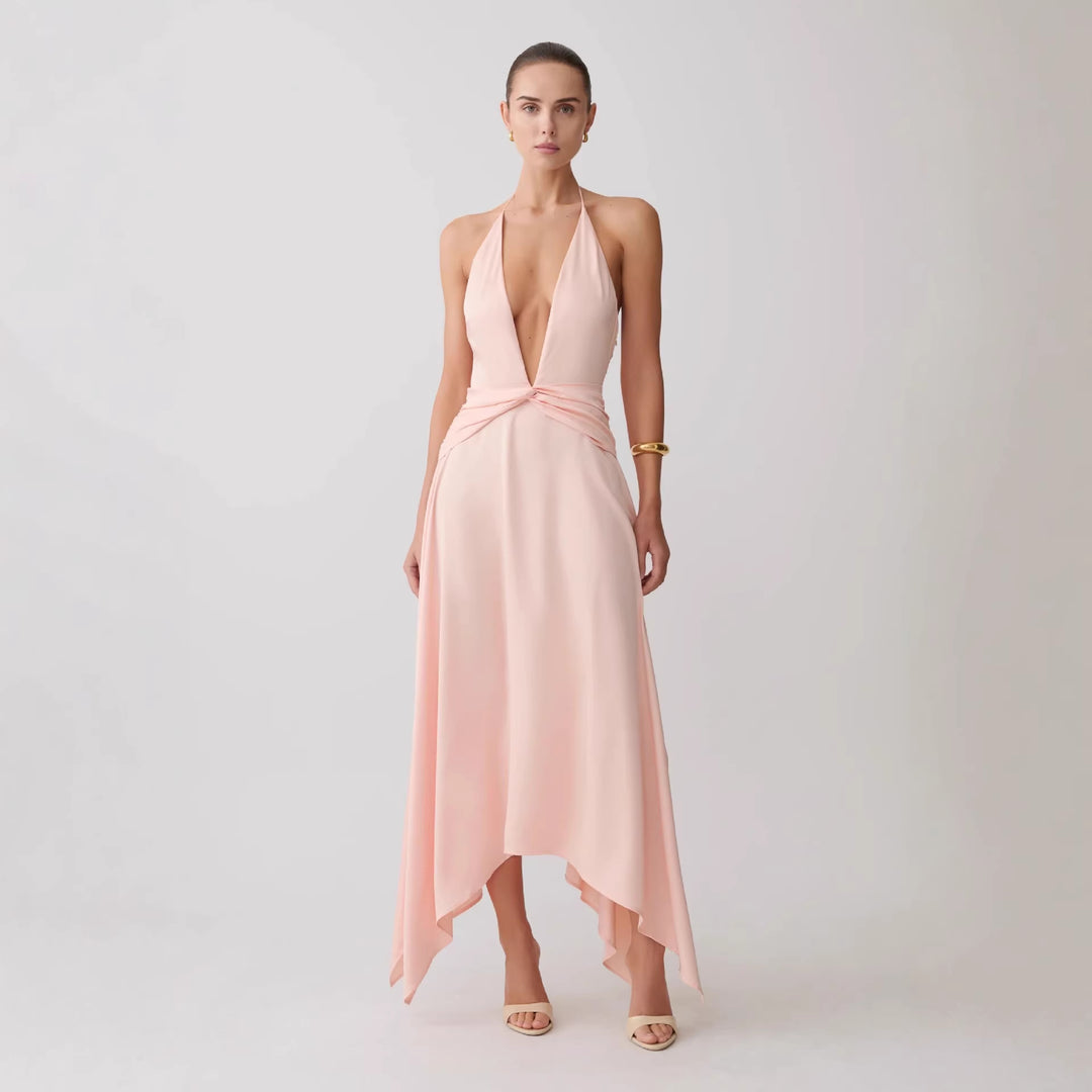 Dame Elegant Wrap kjole med dyb V-halsudskæring og asymmetrisk kant Skovae