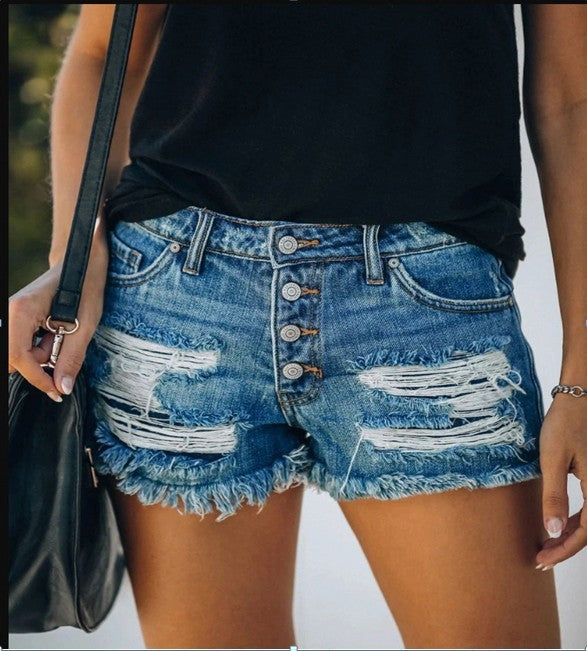 Dame afslappede Destroyed Denim Shorts med knapdetaljer og frynset kant Skovae