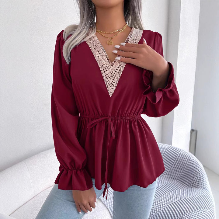 Dame Elegant V-Udsnit Bluse med Spidsedekoration Stilla