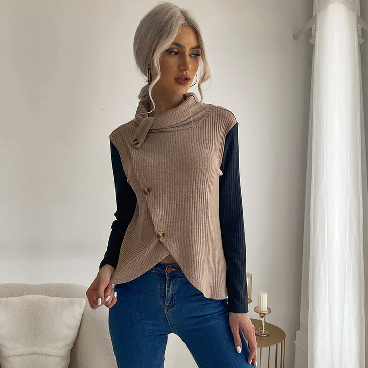 Dame strikoverdel med asymmetrisk reverskrave og dekorative knapper Stilla