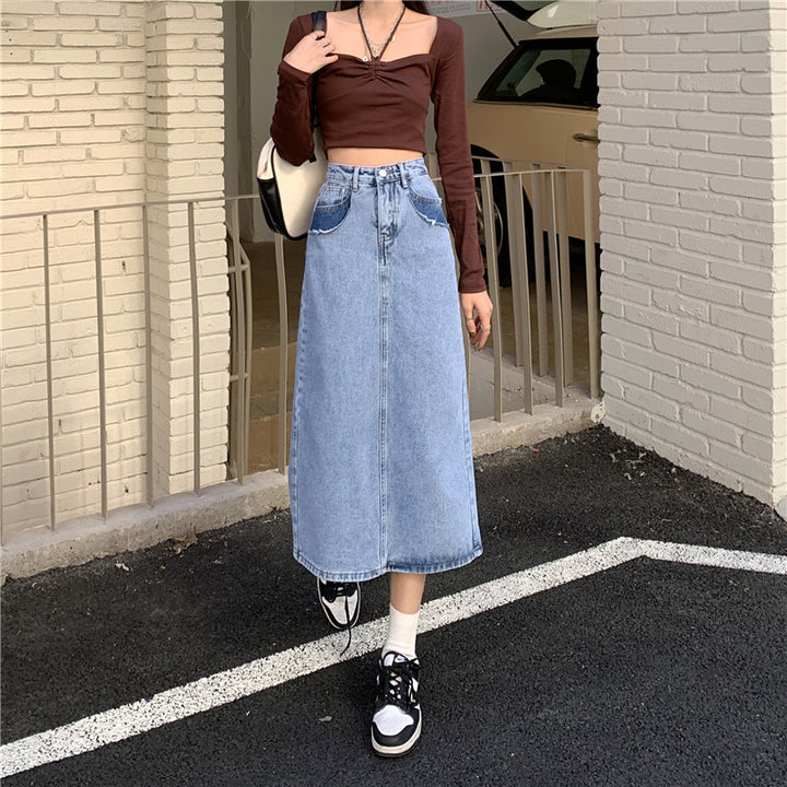 Kvinders Maxi Denim Skirt med Høj Talje og Side Split Stilla