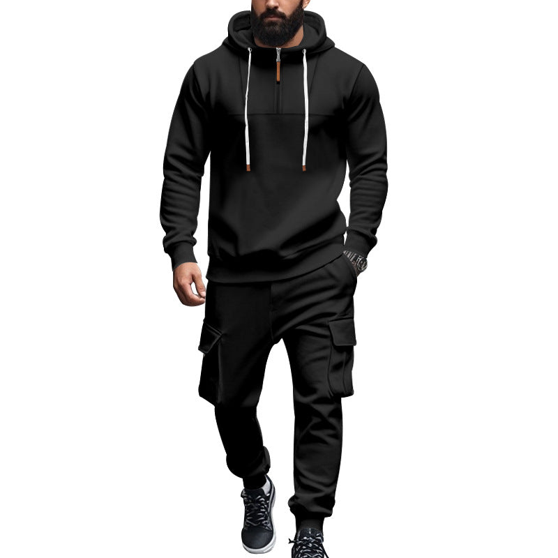 Herren nan hoodie- og joggersæt i cargo-stil med kort brystlynlås og påsyede klaplommer Skovae