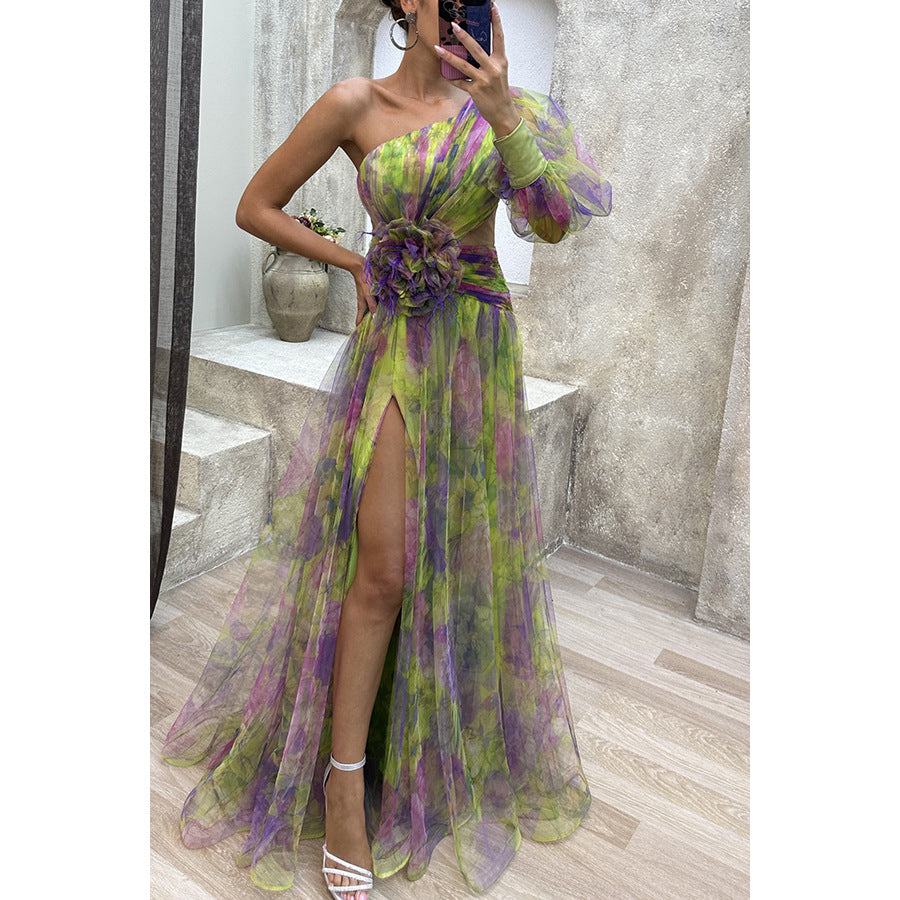 Dame Elegant One-Shoulder Maxikjole med floral chiffon og høj slidse Stiila