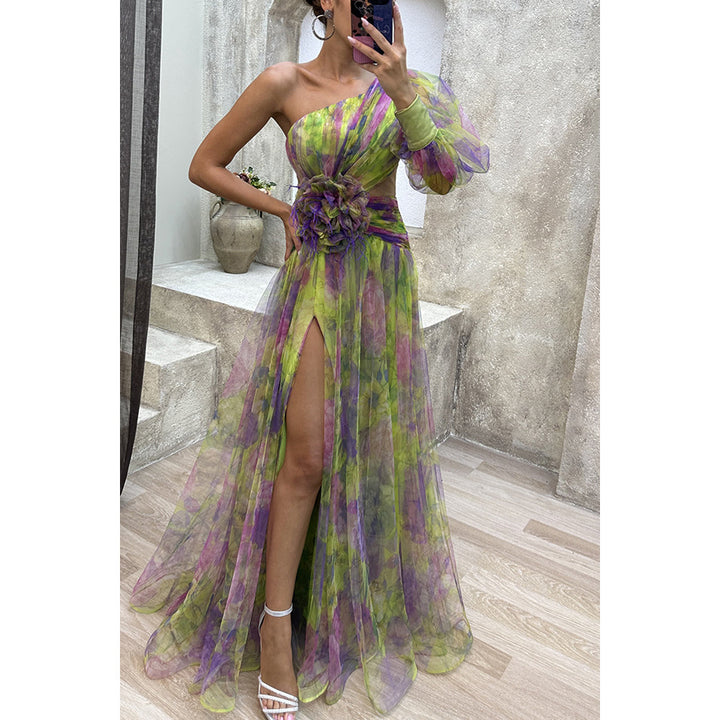 Dame Elegant One-Shoulder Maxikjole med floral chiffon og høj slidse Stiila
