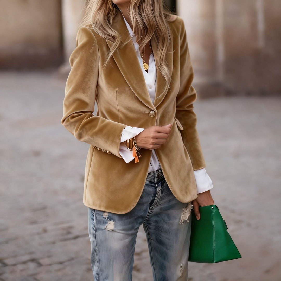 Damer Elegant Fløjl Blazer med Skræddersyet Pasform og Guld Knapper Stilla