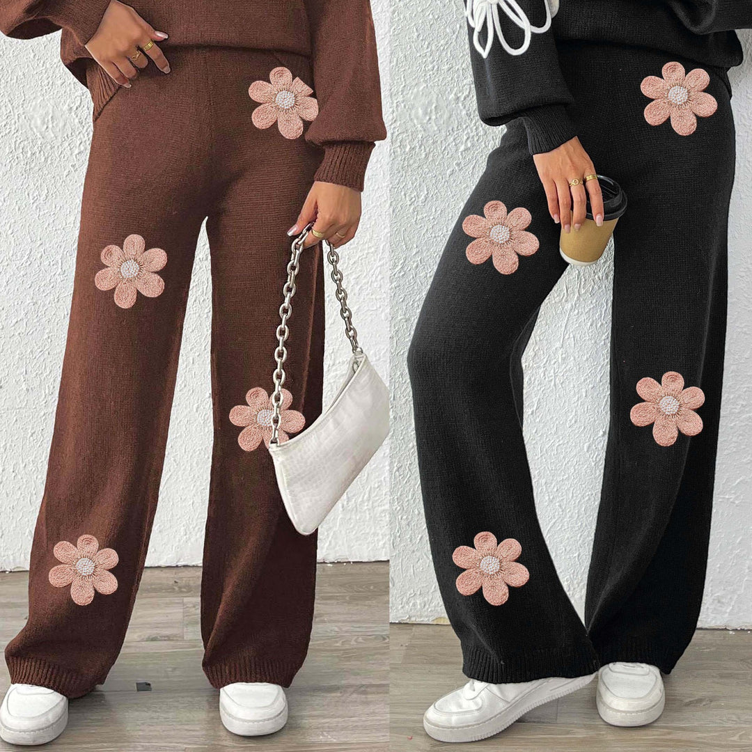 Dame løse strikhose med blomsterapplikationer Skovae