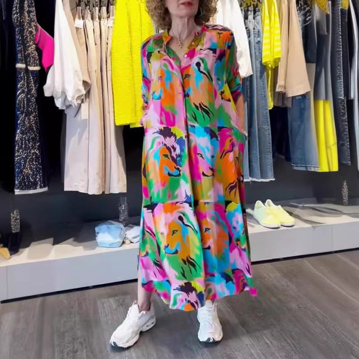 Dame nan Skjortebluse-Maxikjole med Pop-Art løveprint, knaplukning og stiklommer Skovae