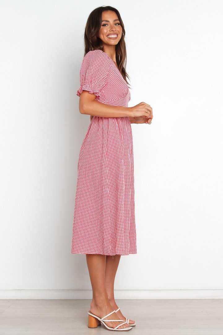 Dame V-Udskæring Gingham Midi Kjole med Puffærmer Stilla