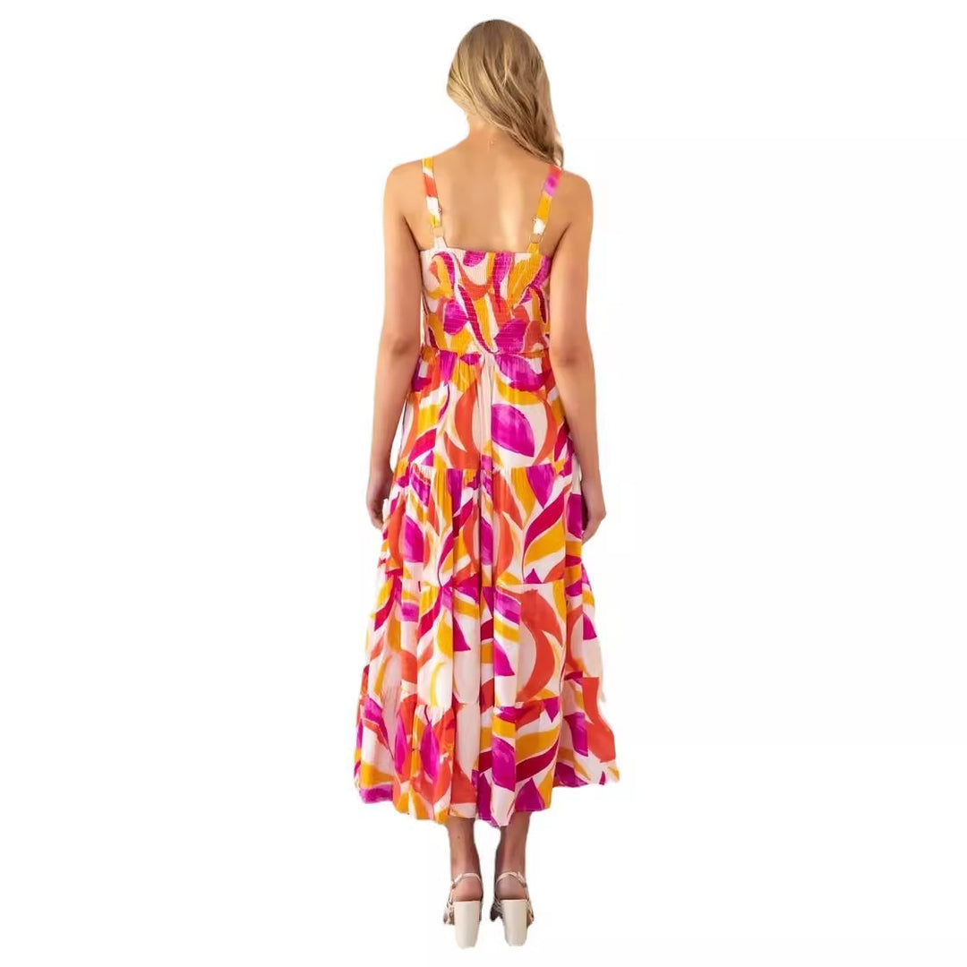 Kvindernes Boho-inspirerede Maxi Kjole med Farverigt Blomster Mønster og Elastisk Top Stilla