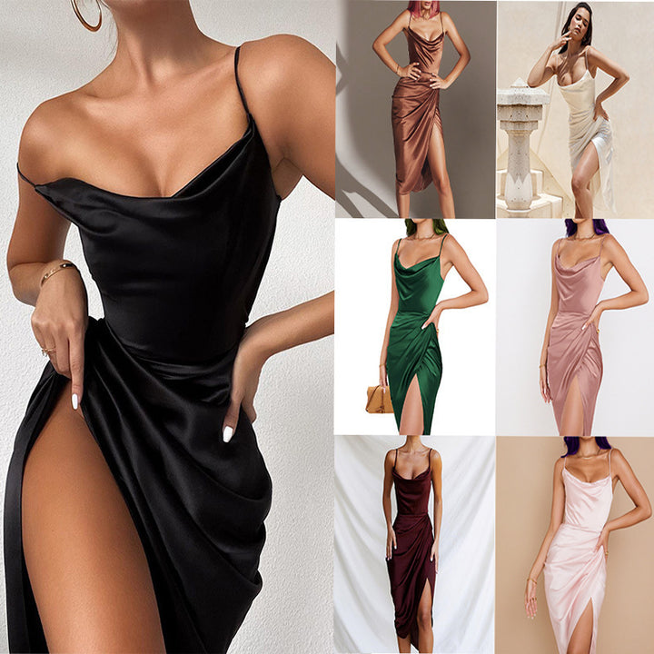Dame Satin Wickelkjole med asymmetrisk snit og dyb split Stilla