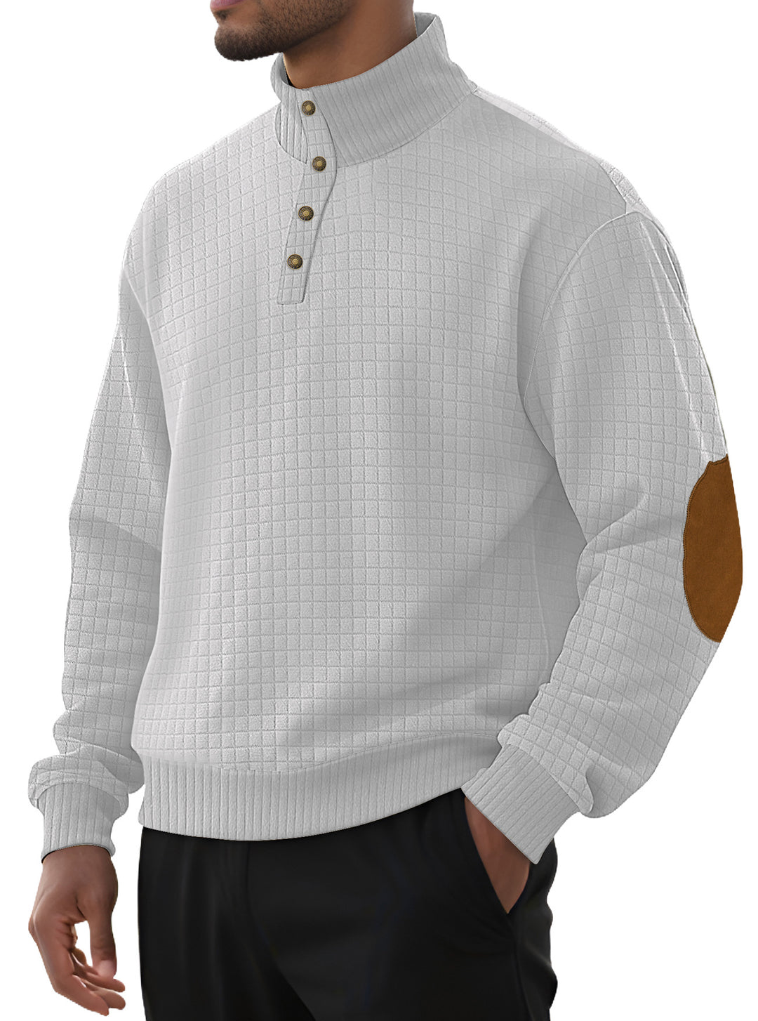Herrer nan rutet quiltet sweatshirt med henley-lukning høj krave og velour albue-patch Skovae