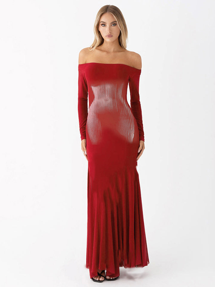 Femme Off-Shoulder Bodycon Maxi Kjole med formende striber Stilla