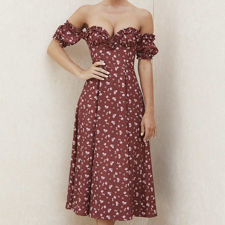 Dame Off-Shoulder Midikjole med Flæse og Florale Accenter Stilla