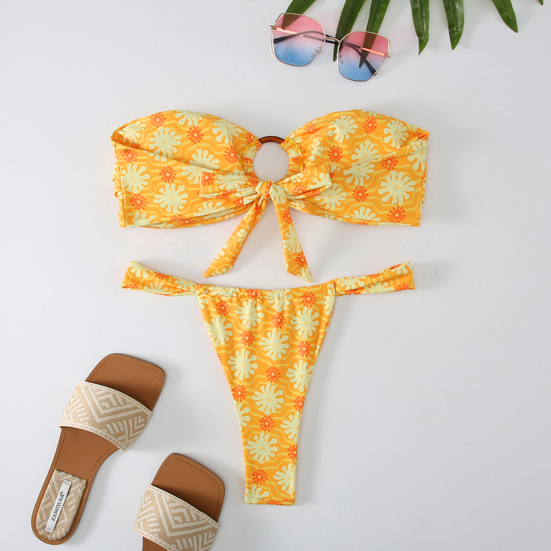 Dame Floral Print Bandeau Bikini Sæt Stilla