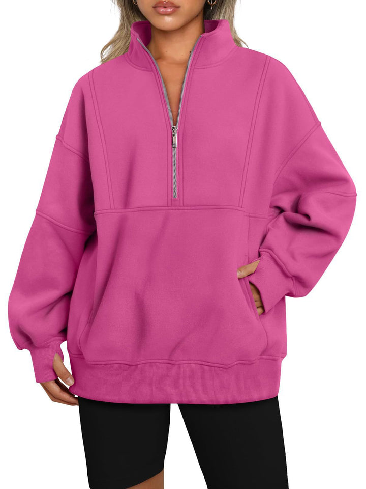 Dame Sporty Hoodie med halvdelen lynlås og voluminøse ærmer Stilla