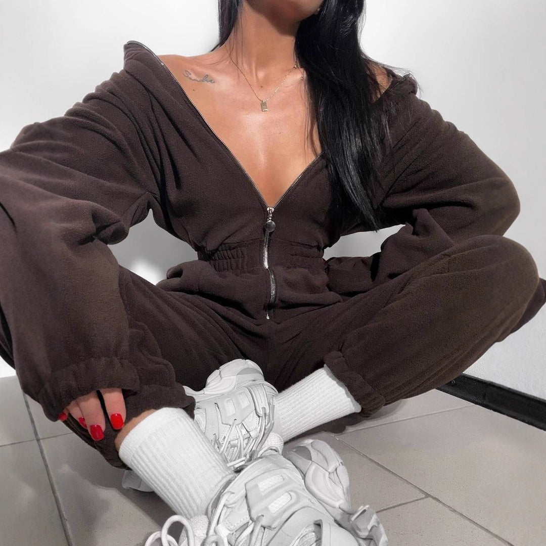 Ladies Fleece Jumpsuit with Zipper and Hood Skovae