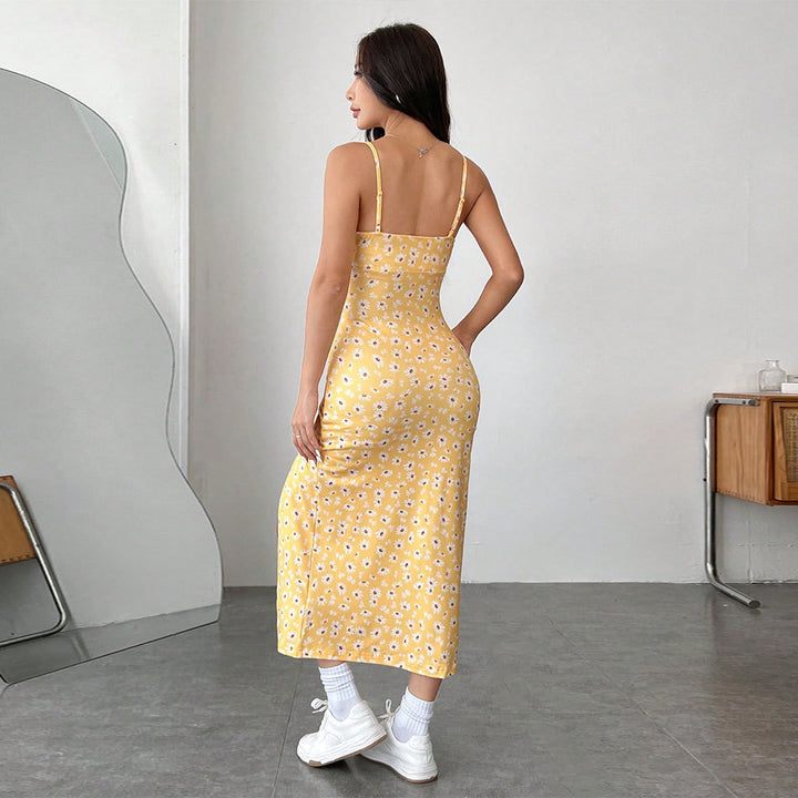 Dame midi kjole med blomsterprint og høj slids Stilla