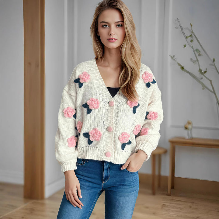Kvinders hyggelige cardigan med blomster 3D-design og store knapper Stilla