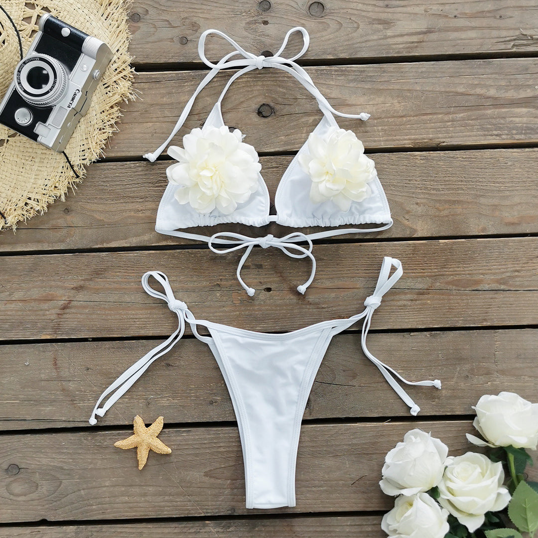 Dame bikini-sæt med dekorative blomsterapplikationer og justerbare bånd Stilla