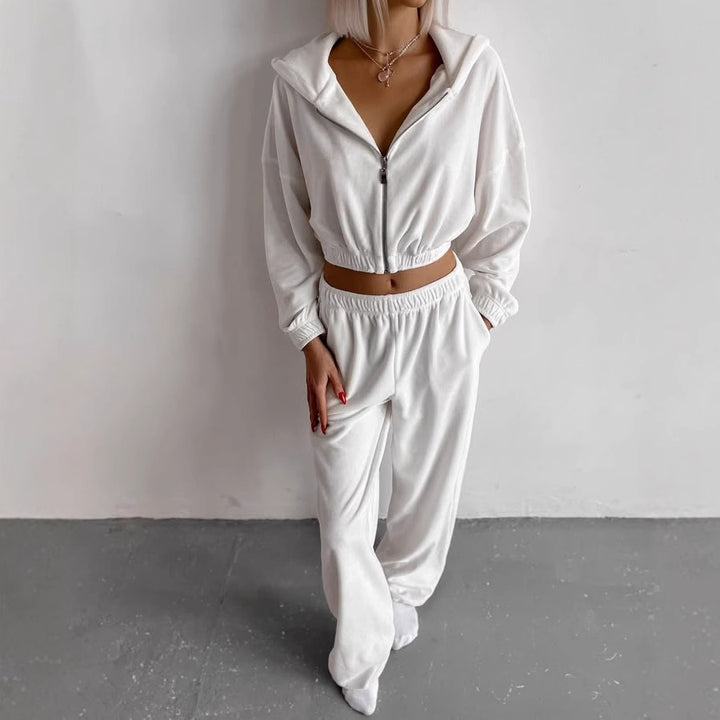 Kvinders Sporty Fleece Sæt med Lynlås og Elastisk Talje Skovae