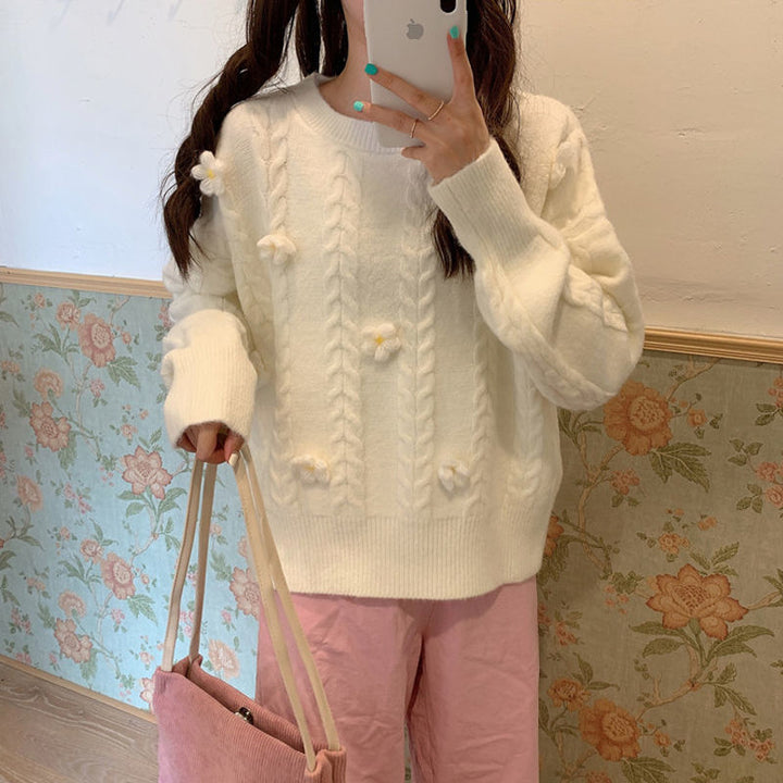 Dame Fashionable Chunky Strik Sweater med Blomsterapplikationer Stilla
