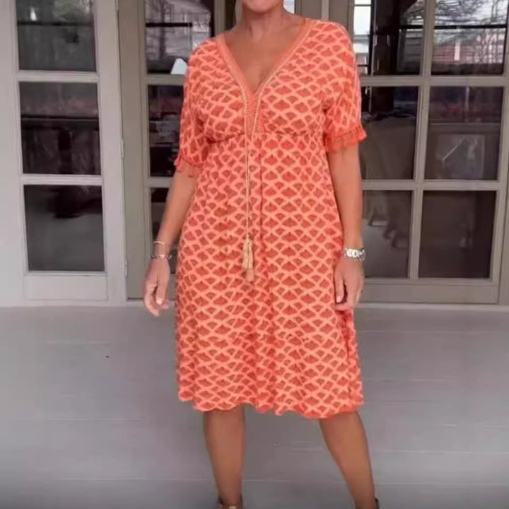 Dame nan casual midi kjole i kaftan stil med V-halsudskæring, kvaster bånd, rynket empire søm og frynseærmer Skovae
