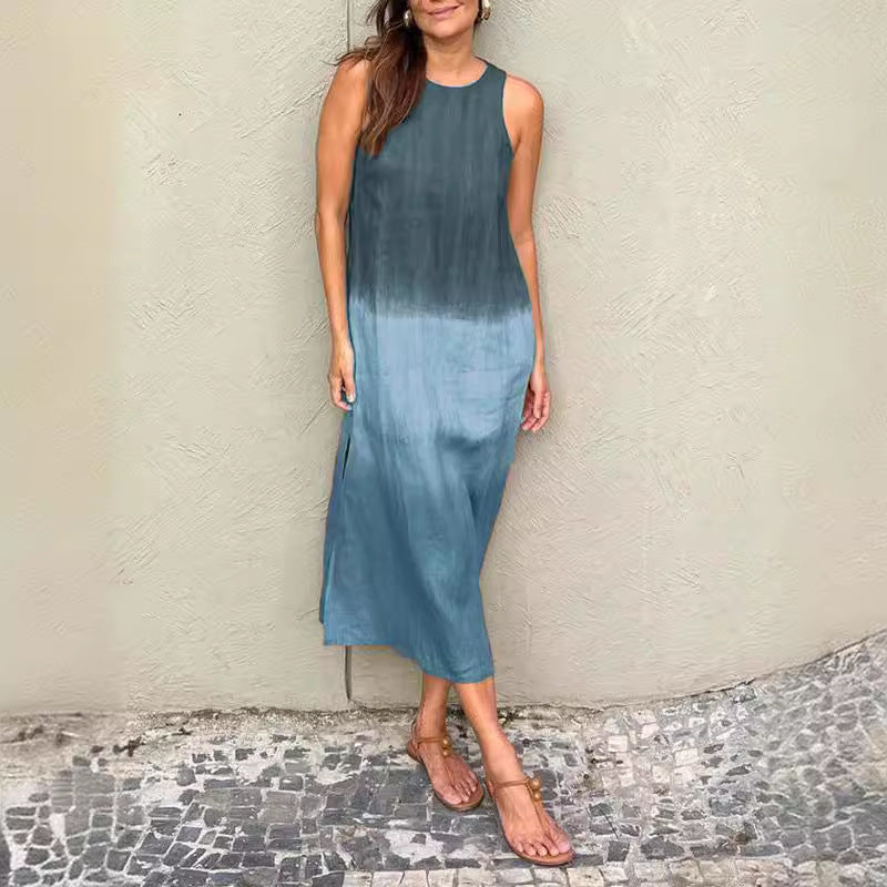 Skovae | Bomuld Linned Ærmeløst Slids Gradient Kjole