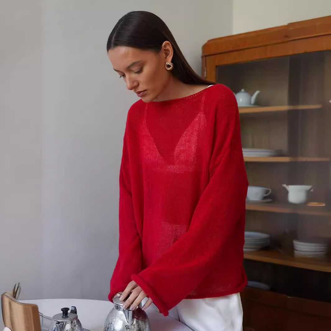 Damer casual sweater med brede ærmer og fint huller strik design Stilla