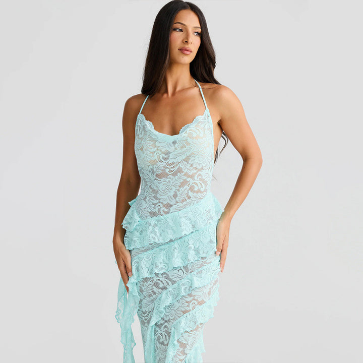 Damen verführerisches Spitzenkleid mit asymmetrischem Saum und Rüschendetails Skovae