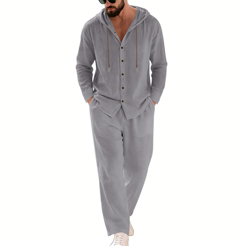 Herrer to-delt lounge-sæt med knap-hoodie skjorte af crepe jersey og lige tunnelbånd bukser Skovae