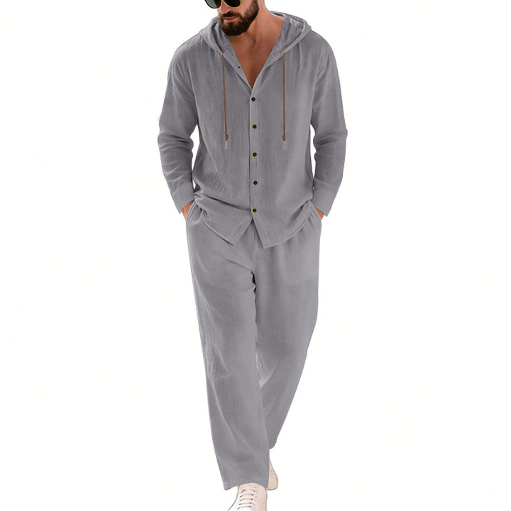 Herrer to-delt lounge-sæt med knap-hoodie skjorte af crepe jersey og lige tunnelbånd bukser Skovae