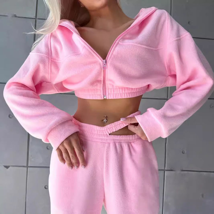 Kvinders sporty fleece crop top og joggingbukser sæt Skovae