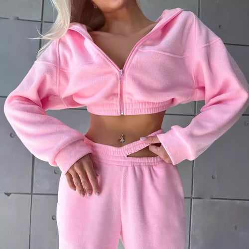 Kvinders sporty fleece crop top og joggingbukser sæt Skovae