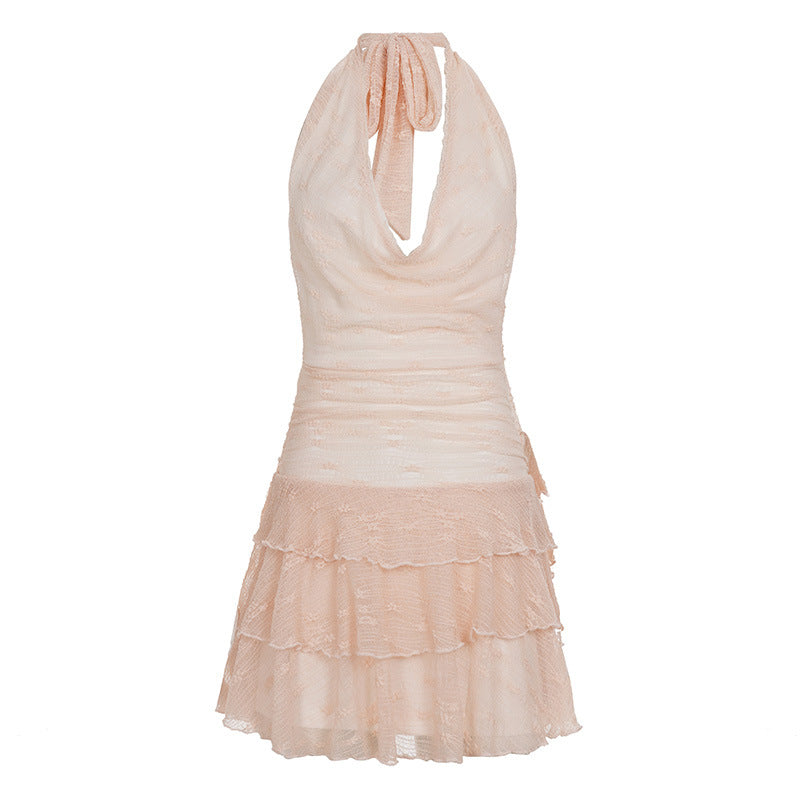 Dame elegant wrap kjole med flæsedetaljer og justerbar halter Skovae