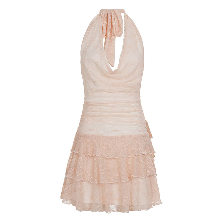 Dame elegant wrap kjole med flæsedetaljer og justerbar halter Skovae