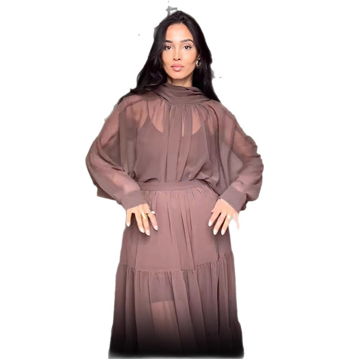 Dame maxikjole med transparente ruffles detaljer og elegant halterneck Stilla