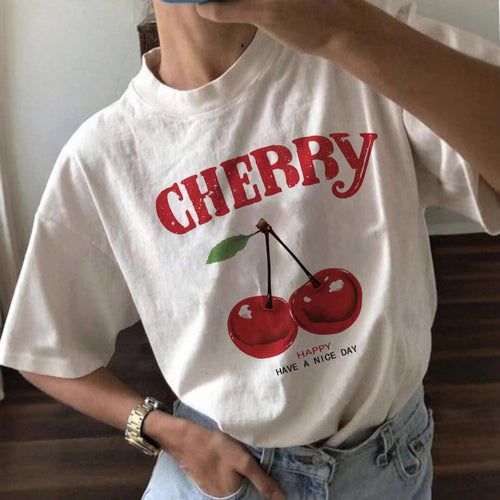 Dame T-shirt med glad kirsebærmotiv og rund halsudskæring Stilla
