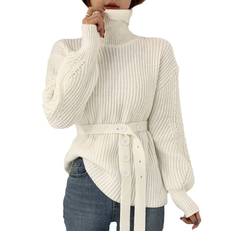 Kvinders chunky strikket sweater med høj krave og bælte i taljen Stilla