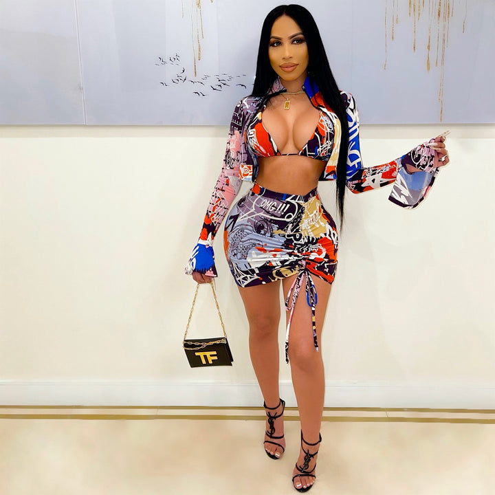 Dame Strand-outfit med kreativt print og asymmetrisk nederdel Stilla