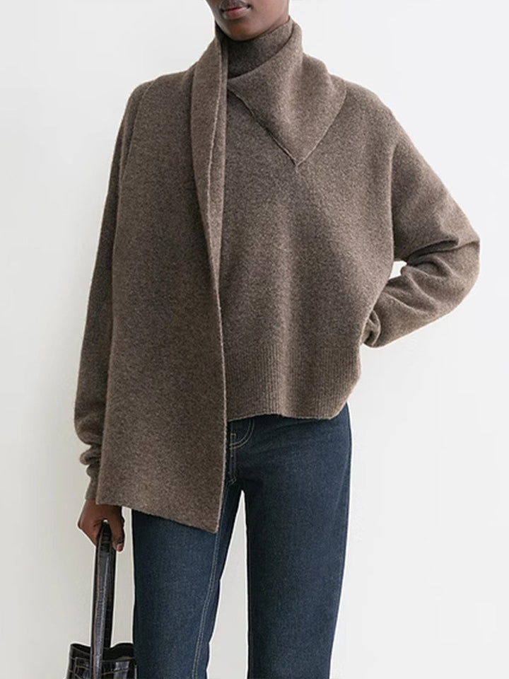 Dame elegant strikpullover med smart krave og integreret tørklæde Stilla