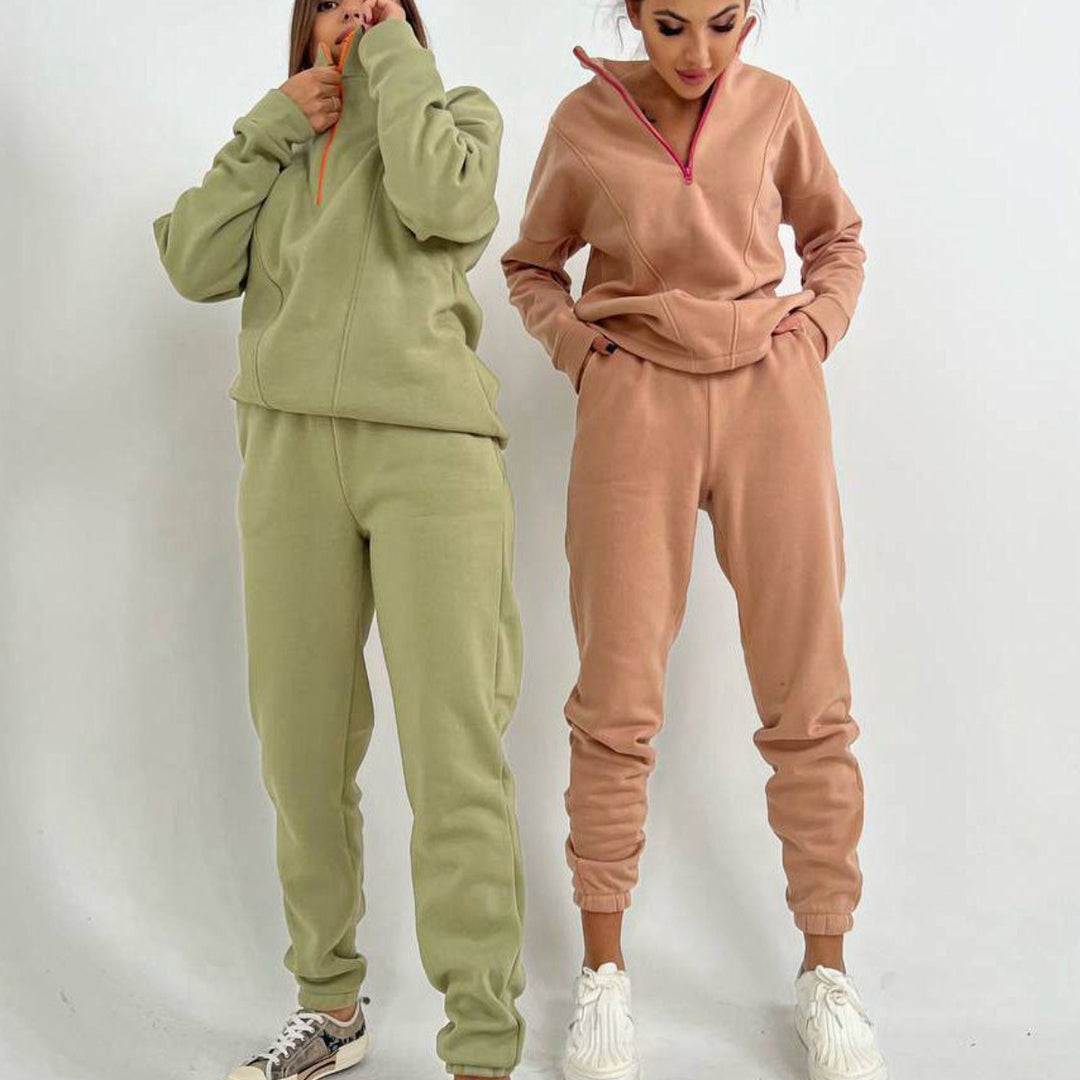 Dame sporty fleece loungewear sæt med praktisk lynlås Skovae