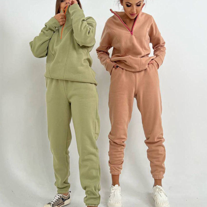 Dame sporty fleece loungewear sæt med praktisk lynlås Skovae