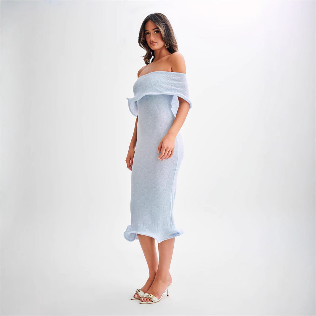 Dame Off-Shoulder Maxikjole med bølgekant og tætsiddende snit Stilla